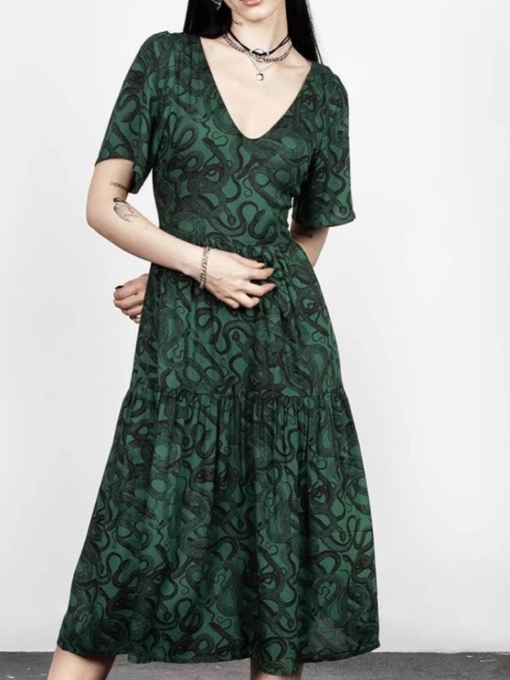 Disturbia Ophidia Snake Midi Dress US 6 Short Sleeve Green Tiered Goth Viscose